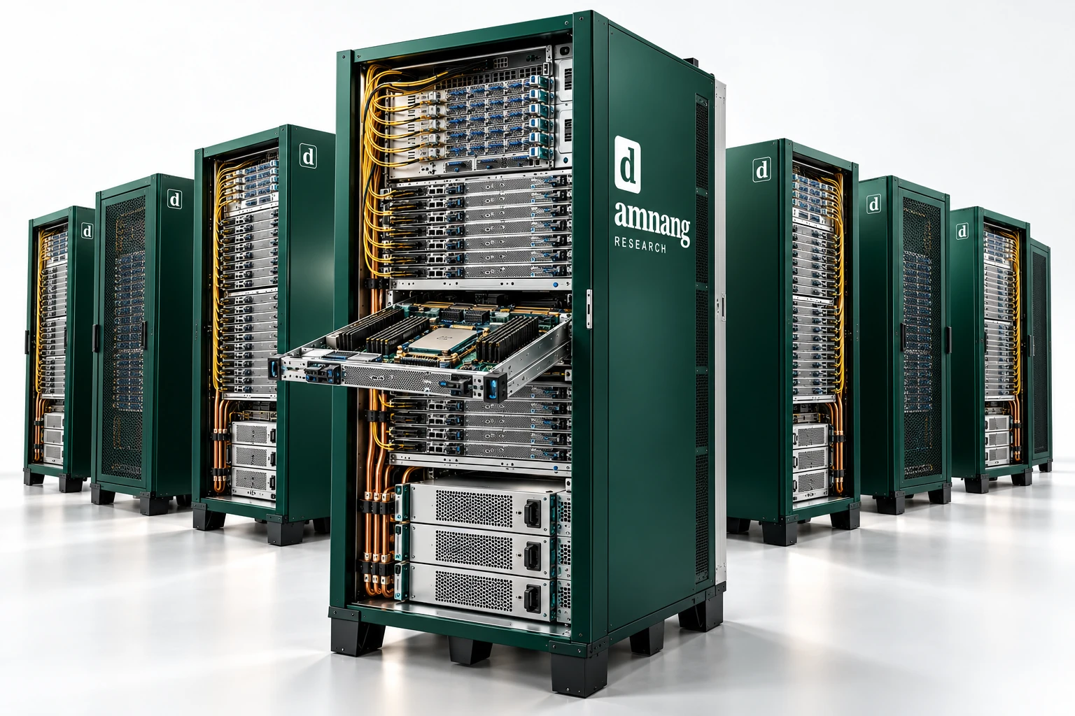 Concept rendering of Damnang server racks with exposed optical connections, a processor and memory tray, and power modules